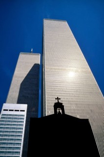 The St. Nicholas Greek Orthodox Church in front of the North and South Tower of the former World Trade Center or WTC