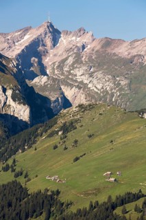 View of the Alpstein mountain group with Saentis mountain and Alpsiegel mountain as seen from Hoher Kasten mountain