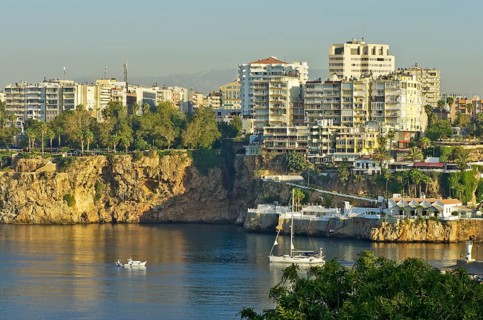View of the harbor entrance of the Kaleici fishing harbor and marina