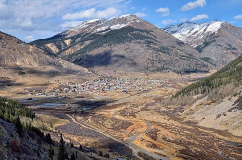View of the silver mining town of Silverton on the Animas river as seen from San Juan Skyway