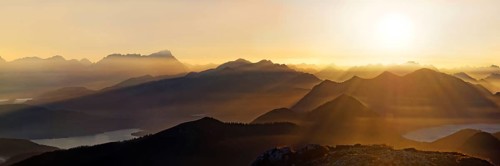 Sunset with view on the Jachenau with Walchensee and Zugspitze with Wetterstein range