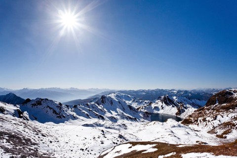 View while ascending Wilde Kreuzspitze Mountain over the Pfunderer Mountains