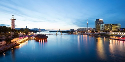 Sunken City and city view with Danube at dusk