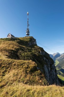 Hoher Kasten mountain with the 72 m high Swisscom telecommunication tower and the old mountain inn