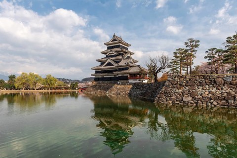 Old Japanese castle reflected in the moat