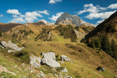 View of Mt Wildgrubenspitze at Spullersee Lake in Vorarlberg