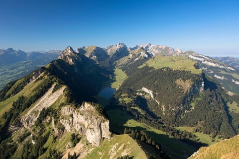 View from Hohen Kasten Mountain over the Alpstein Range with Lake Saemtis
