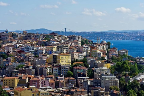 View over the rooftops of Besiktas and Beyoglu towards the Bosphorus