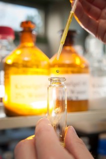 A laboratory worker using a pipette to fill a chemical liquid in a glass container
