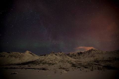 Northern Lights over the Kattfjord pass in winter