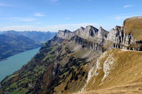 View from Chaeserrugg Mountain towards the Kurfirsten Mountains and Lake Walen