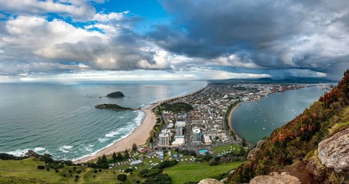 Panoramic view of Mount Manganui district and Tauranga harbour
