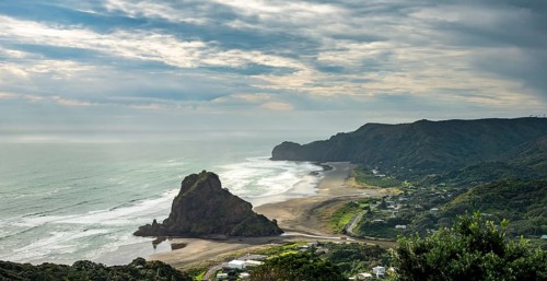 View to beach Piha Beach with Lion Rock