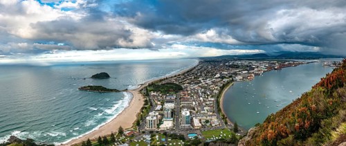 Panoramic view of Mount Manganui district and Tauranga harbour