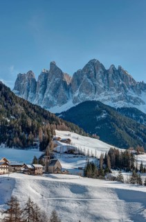 Odle mountains and the town of Santa Maddalena in Val di Funes