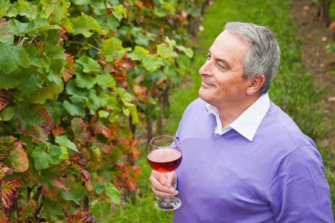 Winemaker or vintner holding a glass of wine in his vineyard