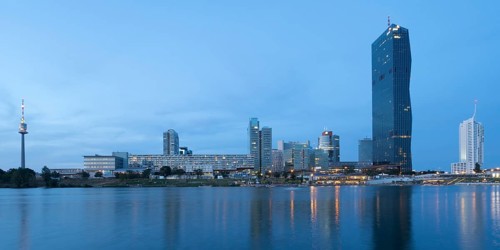 Donaucity with Danube Tower and PWC Tower on the Danube