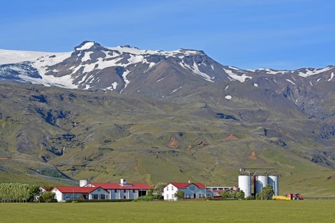 Farm located at the foot of a mountain in the middle of green meadows below the glaciated Eyjafjallajokull Volcano