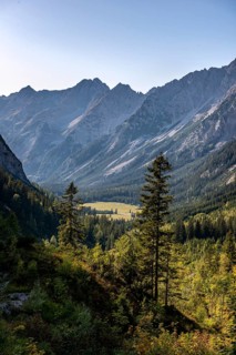 View into the Karwendel valley with mountain peak of the Karwendelspitze