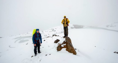 Hikers at Emerald Lake Lookout in Snow