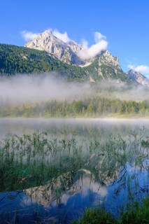 Lake Ferchensee and Wettersteinspitze with early fog