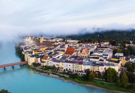 Old town at dawn and fog