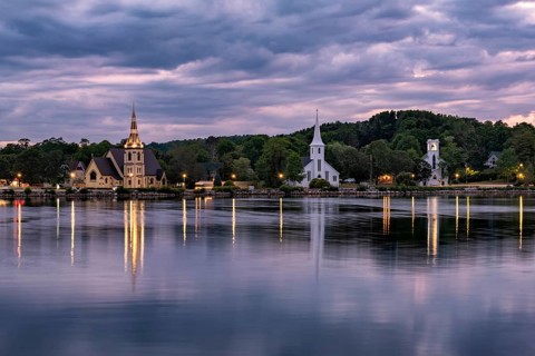 View over the bay Mahone Bay with three churches