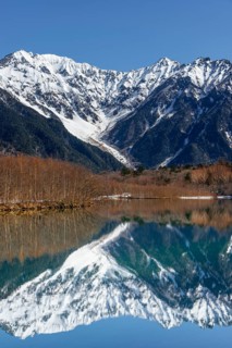 Snow-covered mountains at a lake