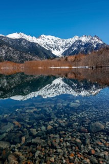 Snow-covered mountains at a lake