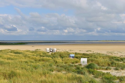 Beach chairs in the sand of the Kniephaken
