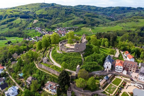 Aerial view of Lindenfels Castle and the medieval town of Lindenfels