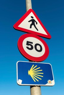 Camino de Santiago road sign with shell symbol