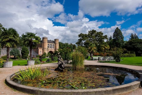 Water lily basin in front of the arched building