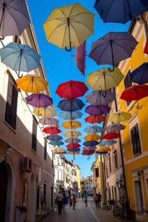 Colorful umbrellas over a road