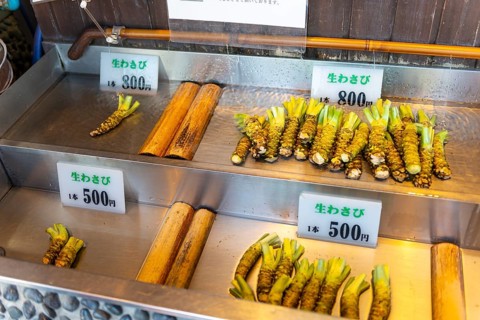 Wasabi roots for sale in a counter