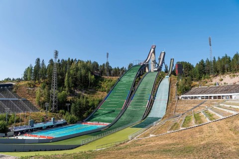 Ski jumps with outdoor pool
