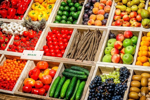 Organic vegetables and organic fruit in the organic market at the ANUGA food fair