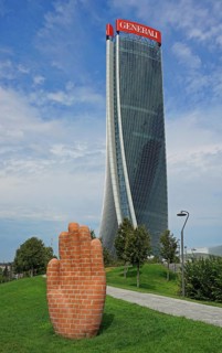 Generali Tower or Torre Generali or Lo Storto by architect Zara Hadid and part of the artwork Hand and Foot for Milan by Judith Hopf