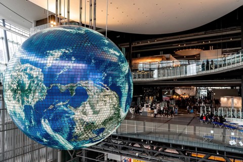 Big globe hangs from the ceiling