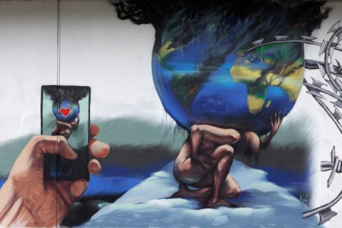 Mythological figure Atlas carries the globe