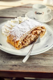 Apple strudel with coffee