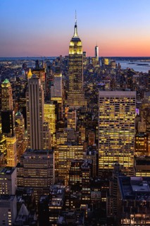 View of Midtown and Downtown Manhattan and Empire State Building from Top of the Rock Observation Center at Sunset