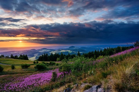 View from the Wasserkuppe to the hilly landscape at sunset