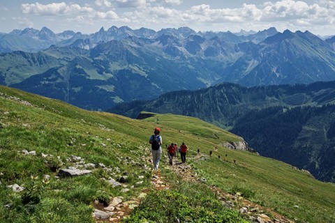 Mountain hikers descending from the summit of Hoher Ifen