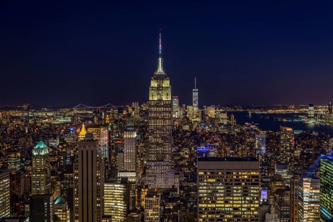 View of Midtown and Downtown Manhattan and Empire State Building from Top of the Rock Observation Center at Night
