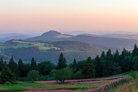 View from the top of the Wasserkuppe to the hilly landscape