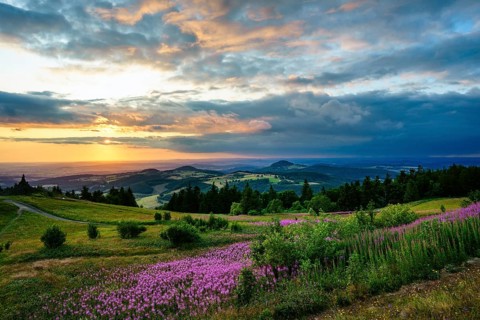 View from the Wasserkuppe to the hilly landscape at sunset