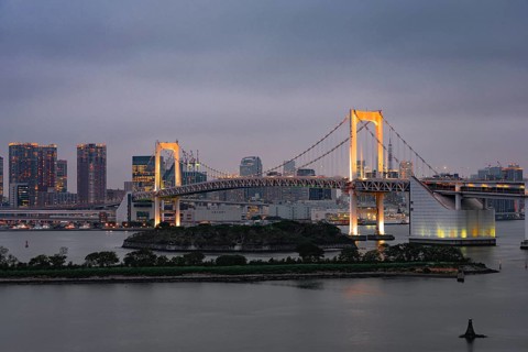 View of skyline with skyscrapers and illuminated Rainbow Bridge in the evening