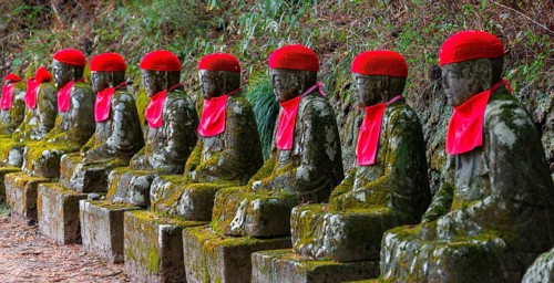 Jizo statues with red caps