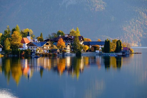 Village Walchensee and Lake Walchensee in the morning light